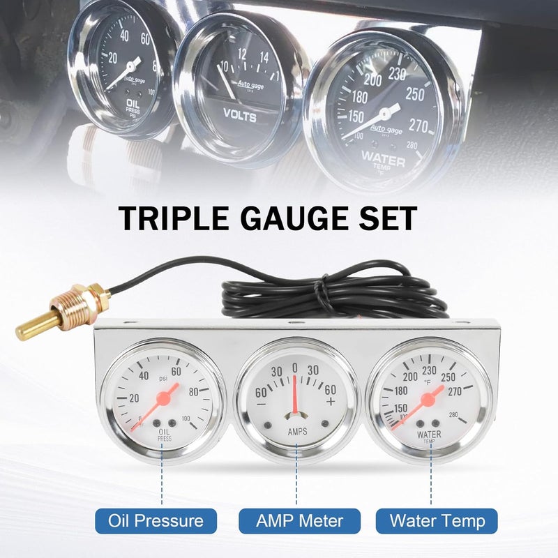 JDMSPEED 2" 52mm Triple Gauge Set Kit (Oil Pressure + Water Temperature + AMP Meter) 3-in-1 - Image 3